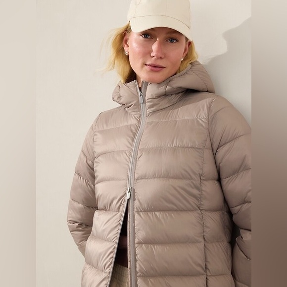 Athleta Aire Puffer Parka Quilted Puffer Jacket Beige Long Size Small - Picture 4 of 14